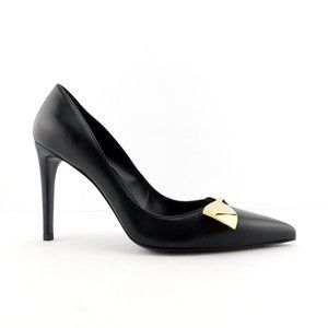 STUART WEITZMAN Gold Bow Embellishment Black Leather Heel Pumps 8.5